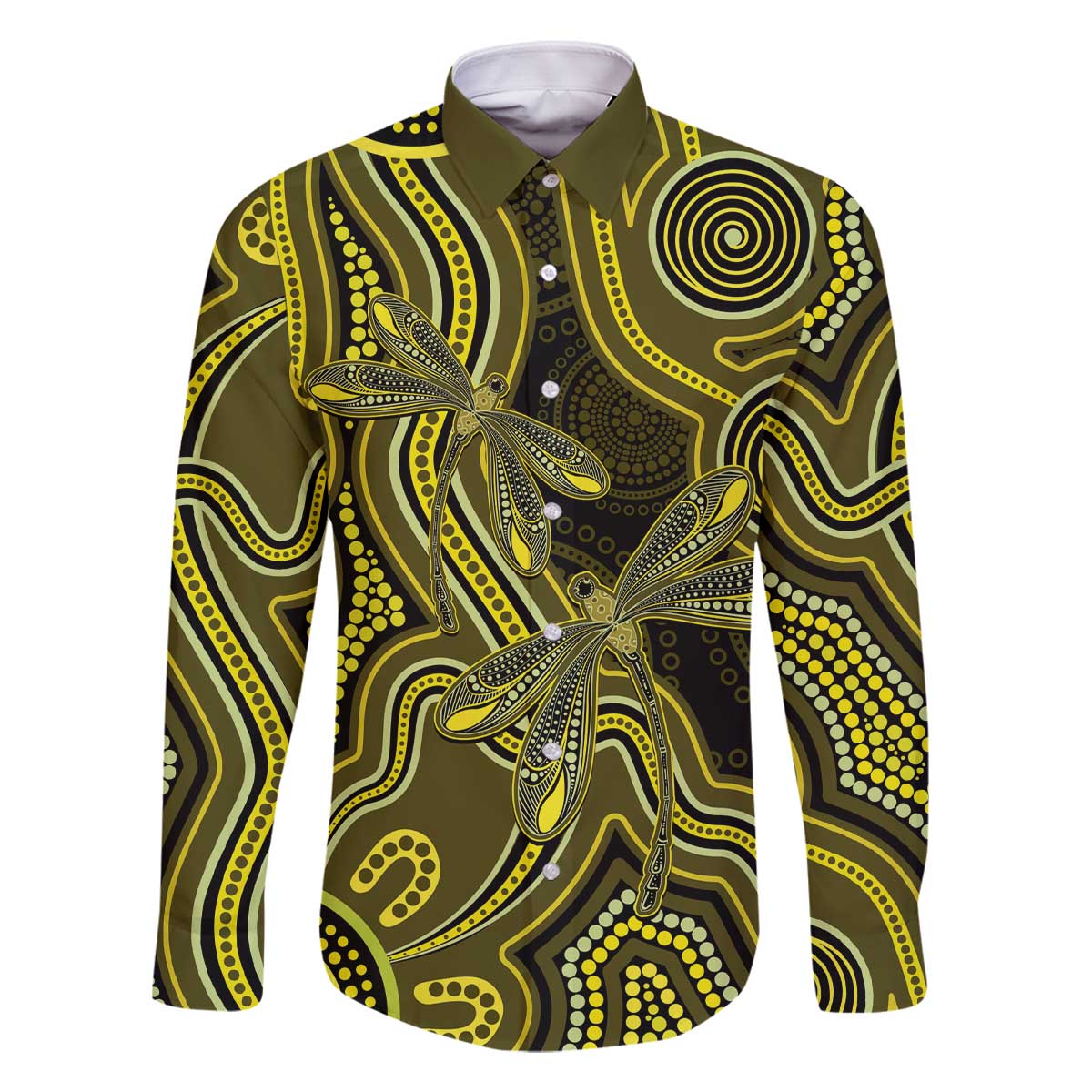 Yellow Indigenous Dragonfly Australia Family Matching Off The Shoulder Long Sleeve Dress and Hawaiian Shirt Aboriginal Art - Vibe Hoodie