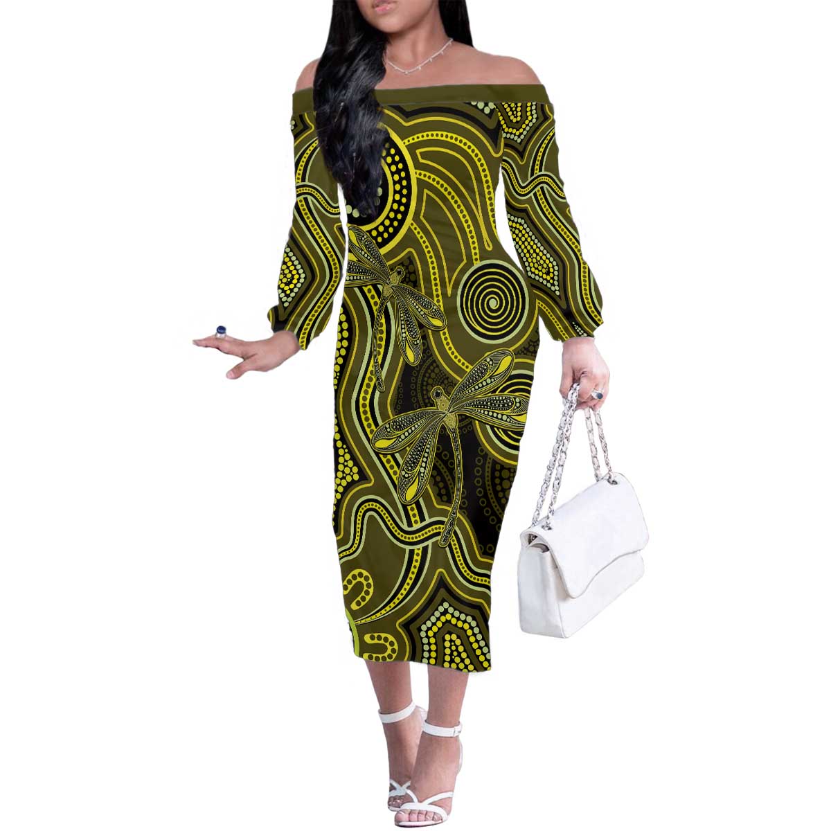 Yellow Indigenous Dragonfly Australia Family Matching Off The Shoulder Long Sleeve Dress and Hawaiian Shirt Aboriginal Art - Vibe Hoodie