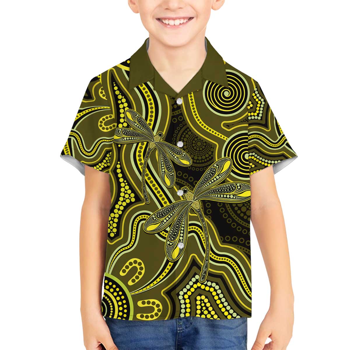 Yellow Indigenous Dragonfly Australia Family Matching Off The Shoulder Long Sleeve Dress and Hawaiian Shirt Aboriginal Art - Vibe Hoodie