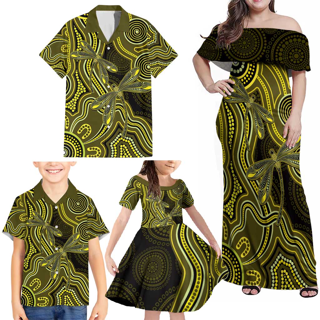 Yellow Indigenous Dragonfly Australia Family Matching Off Shoulder Maxi Dress and Hawaiian Shirt Aboriginal Art - Vibe Hoodie