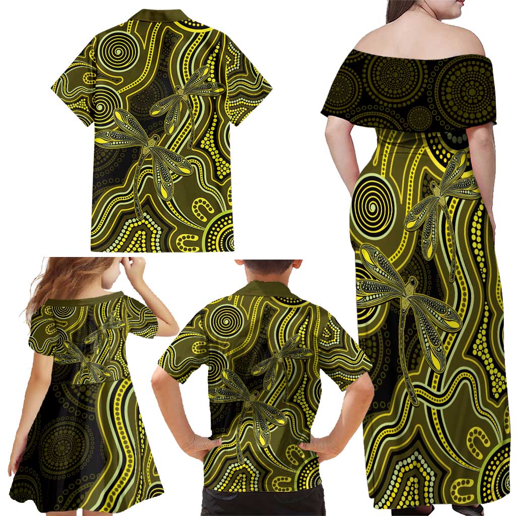 Yellow Indigenous Dragonfly Australia Family Matching Off Shoulder Maxi Dress and Hawaiian Shirt Aboriginal Art - Vibe Hoodie