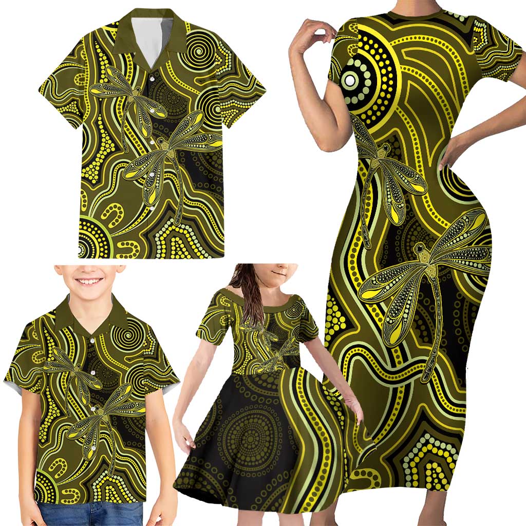 Yellow Indigenous Dragonfly Australia Family Matching Short Sleeve Bodycon Dress and Hawaiian Shirt Aboriginal Art - Vibe Hoodie