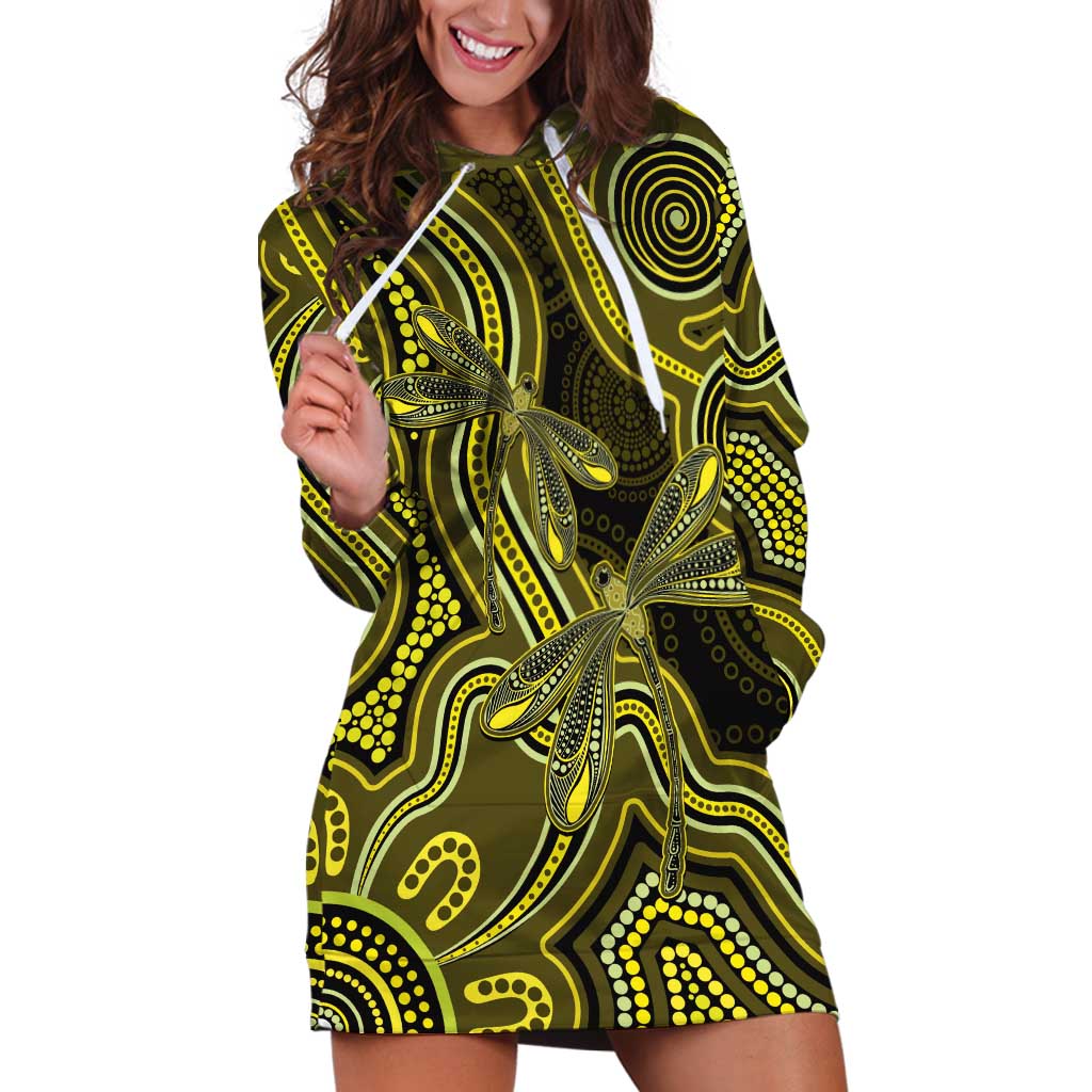 Yellow Indigenous Dragonfly Australia Hoodie Dress Aboriginal Art - Vibe Hoodie
