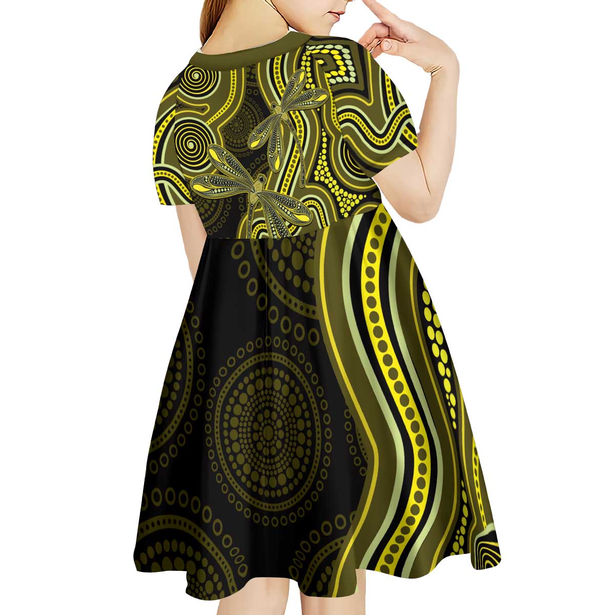 Yellow Indigenous Dragonfly Australia Kid Short Sleeve Dress Aboriginal Art - Vibe Hoodie