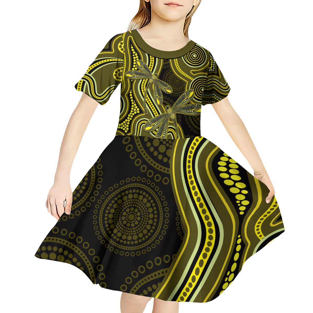 Yellow Indigenous Dragonfly Australia Kid Short Sleeve Dress Aboriginal Art - Vibe Hoodie