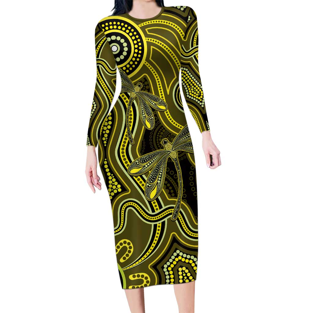 Yellow Indigenous Dragonfly Australia Long Sleeve Bodycon Dress Aboriginal Art - Vibe Hoodie