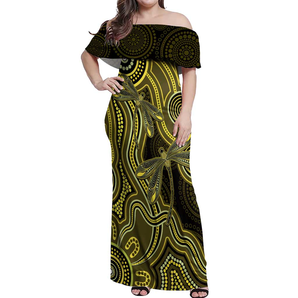 Yellow Indigenous Dragonfly Australia Off Shoulder Maxi Dress Aboriginal Art - Vibe Hoodie