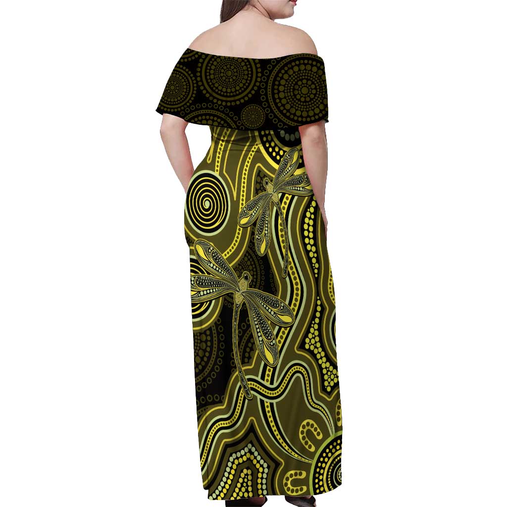 Yellow Indigenous Dragonfly Australia Off Shoulder Maxi Dress Aboriginal Art - Vibe Hoodie
