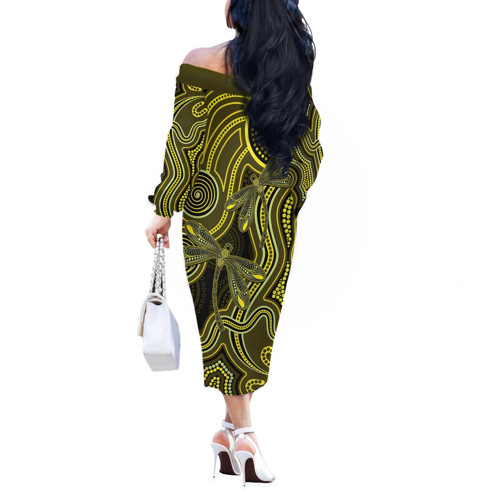 Yellow Indigenous Dragonfly Australia Off The Shoulder Long Sleeve Dress Aboriginal Art - Vibe Hoodie