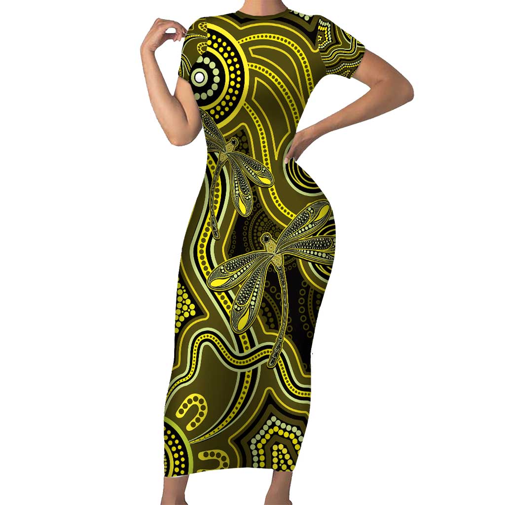 Yellow Indigenous Dragonfly Australia Short Sleeve Bodycon Dress Aboriginal Art - Vibe Hoodie
