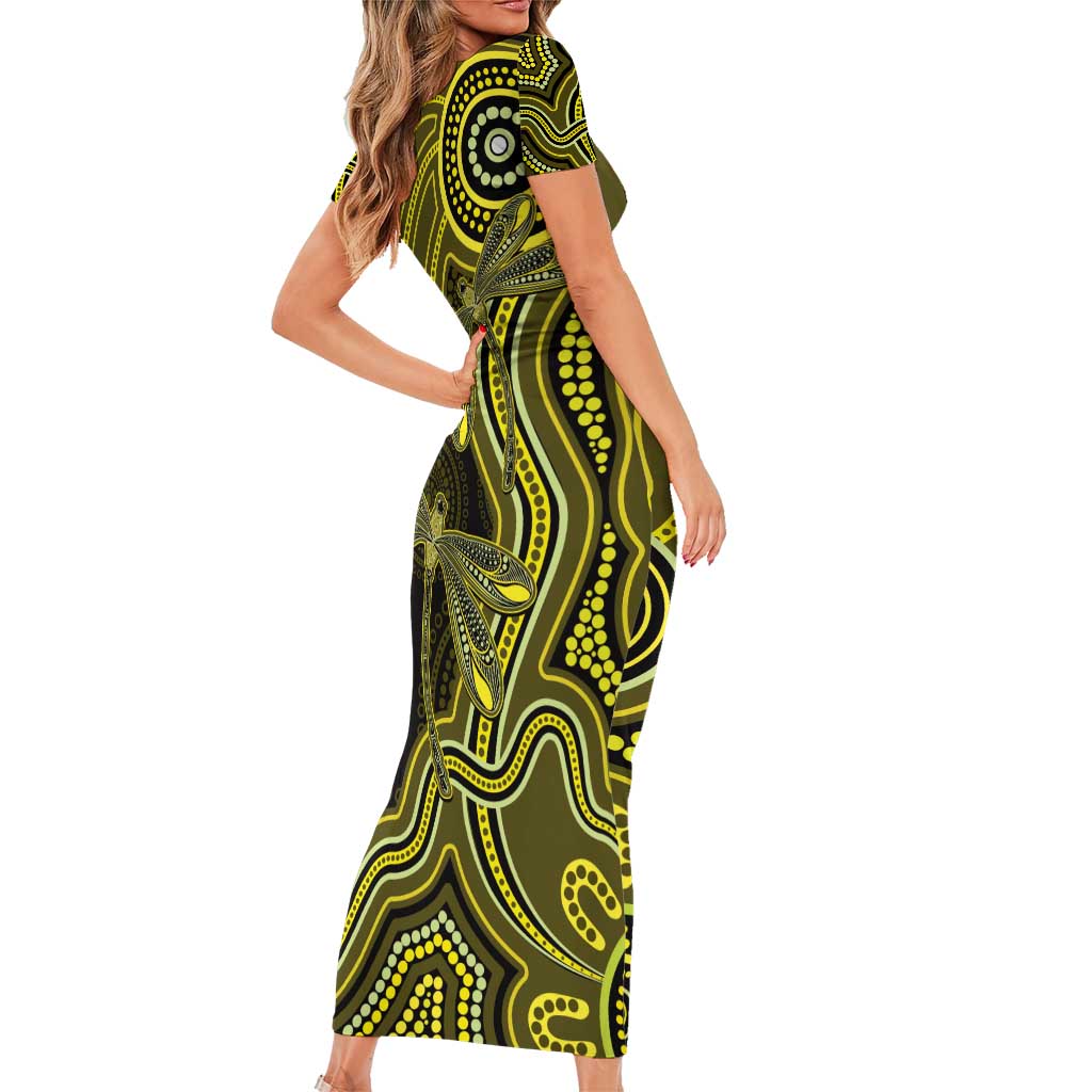 Yellow Indigenous Dragonfly Australia Short Sleeve Bodycon Dress Aboriginal Art - Vibe Hoodie