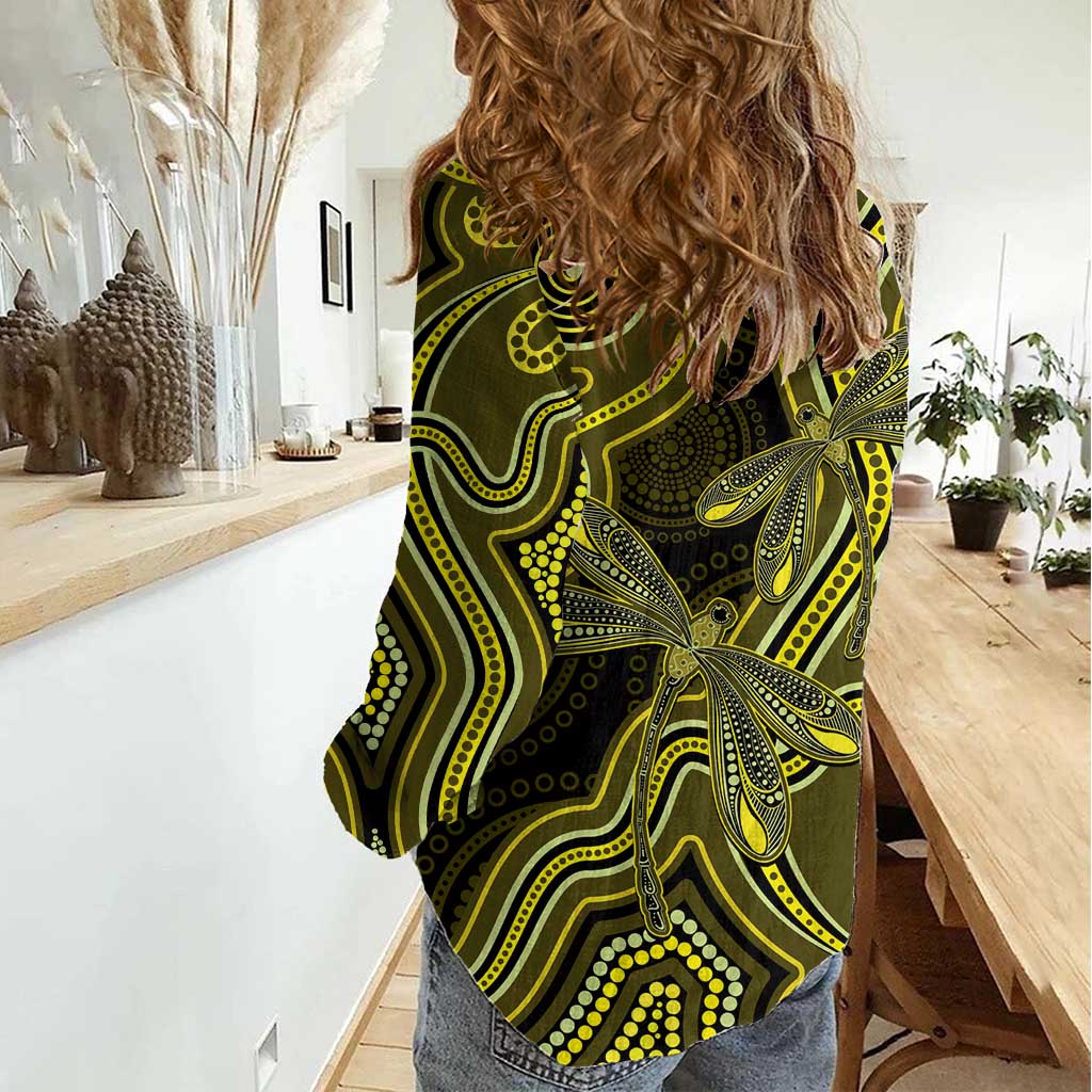 Yellow Indigenous Dragonfly Australia Women Casual Shirt Aboriginal Art - Vibe Hoodie