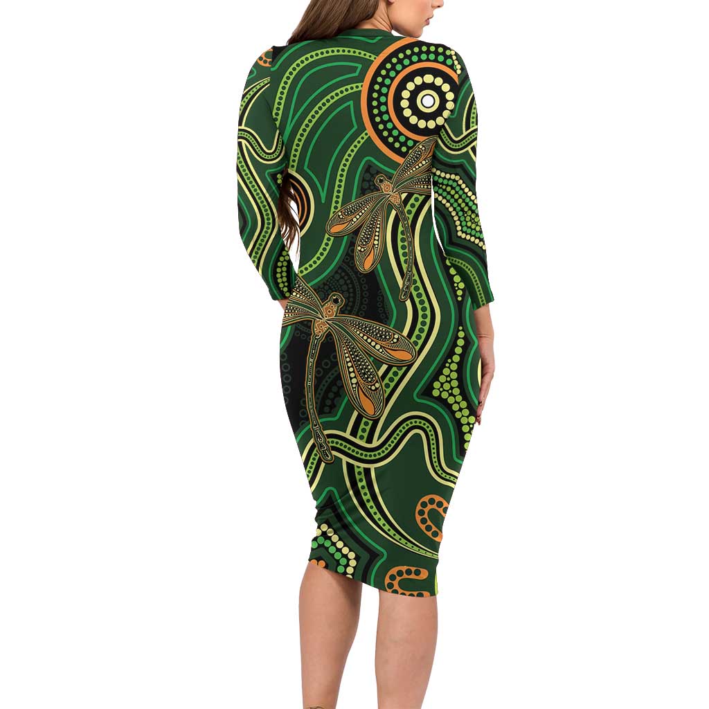 Green Indigenous Dragonfly Australia Family Matching Long Sleeve Bodycon Dress and Hawaiian Shirt Aboriginal Art - Vibe Hoodie