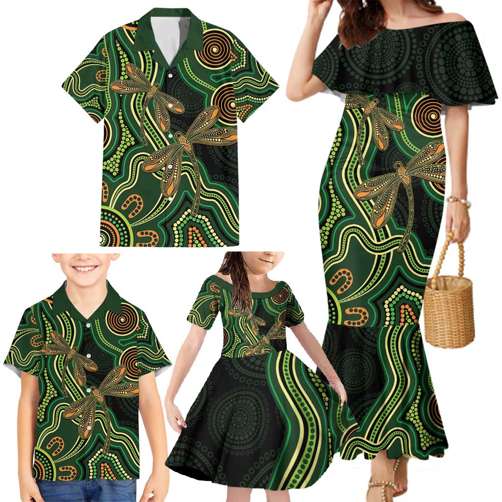 Green Indigenous Dragonfly Australia Family Matching Mermaid Dress and Hawaiian Shirt Aboriginal Art - Vibe Hoodie
