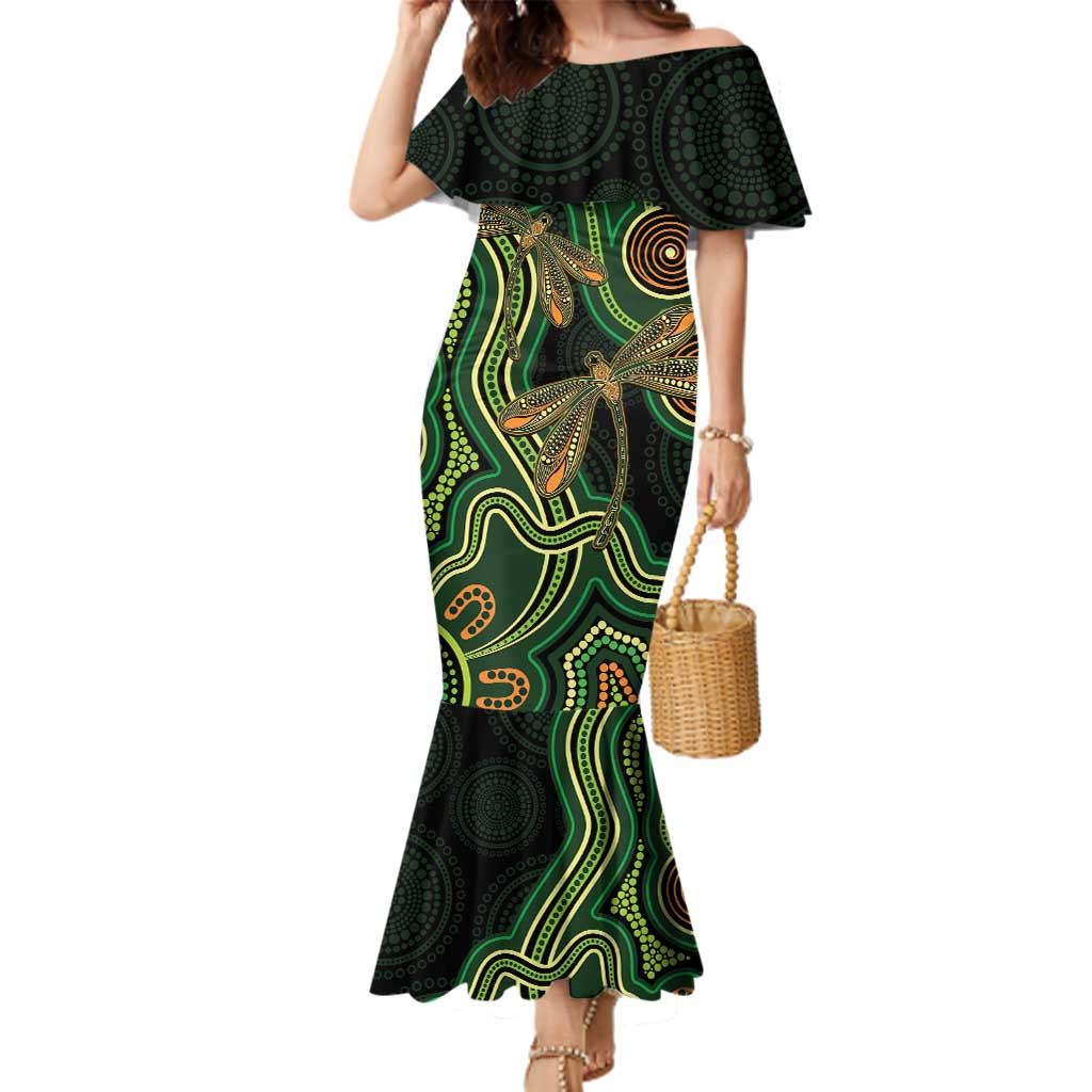 Green Indigenous Dragonfly Australia Family Matching Mermaid Dress and Hawaiian Shirt Aboriginal Art - Vibe Hoodie