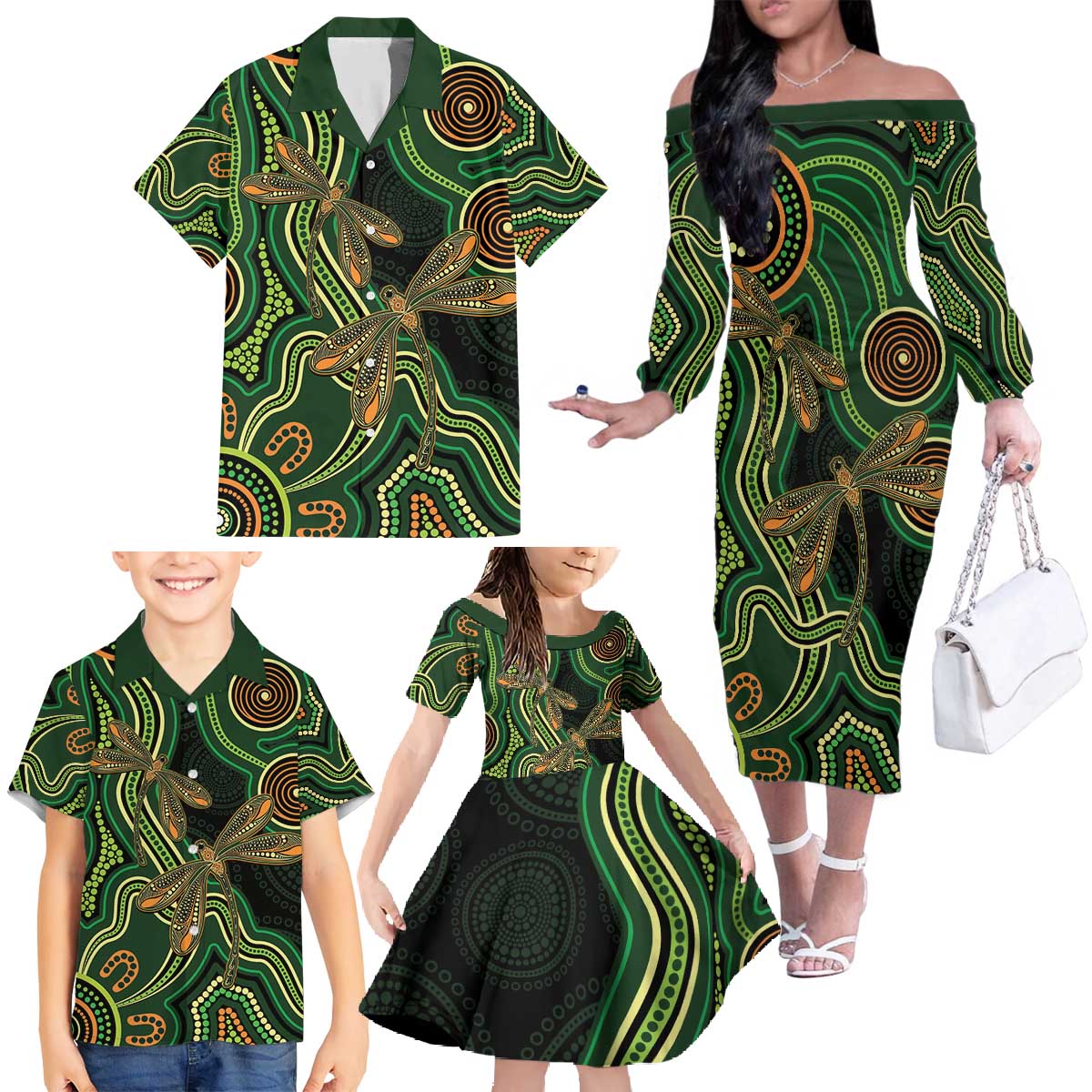 Green Indigenous Dragonfly Australia Family Matching Off The Shoulder Long Sleeve Dress and Hawaiian Shirt Aboriginal Art - Vibe Hoodie