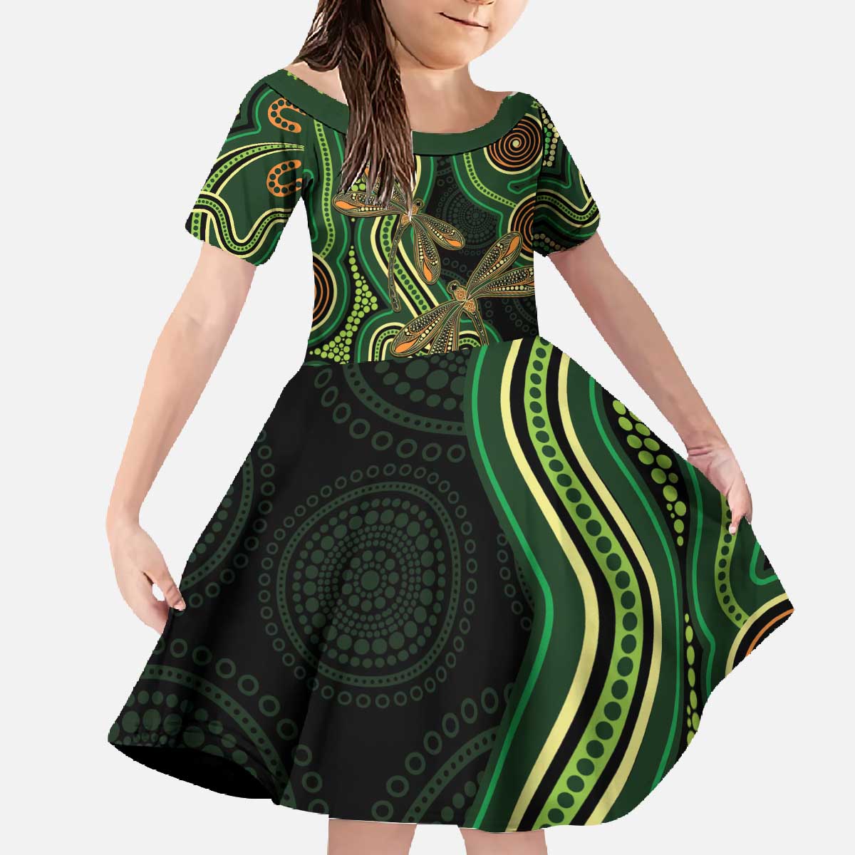 Green Indigenous Dragonfly Australia Family Matching Off The Shoulder Long Sleeve Dress and Hawaiian Shirt Aboriginal Art - Vibe Hoodie