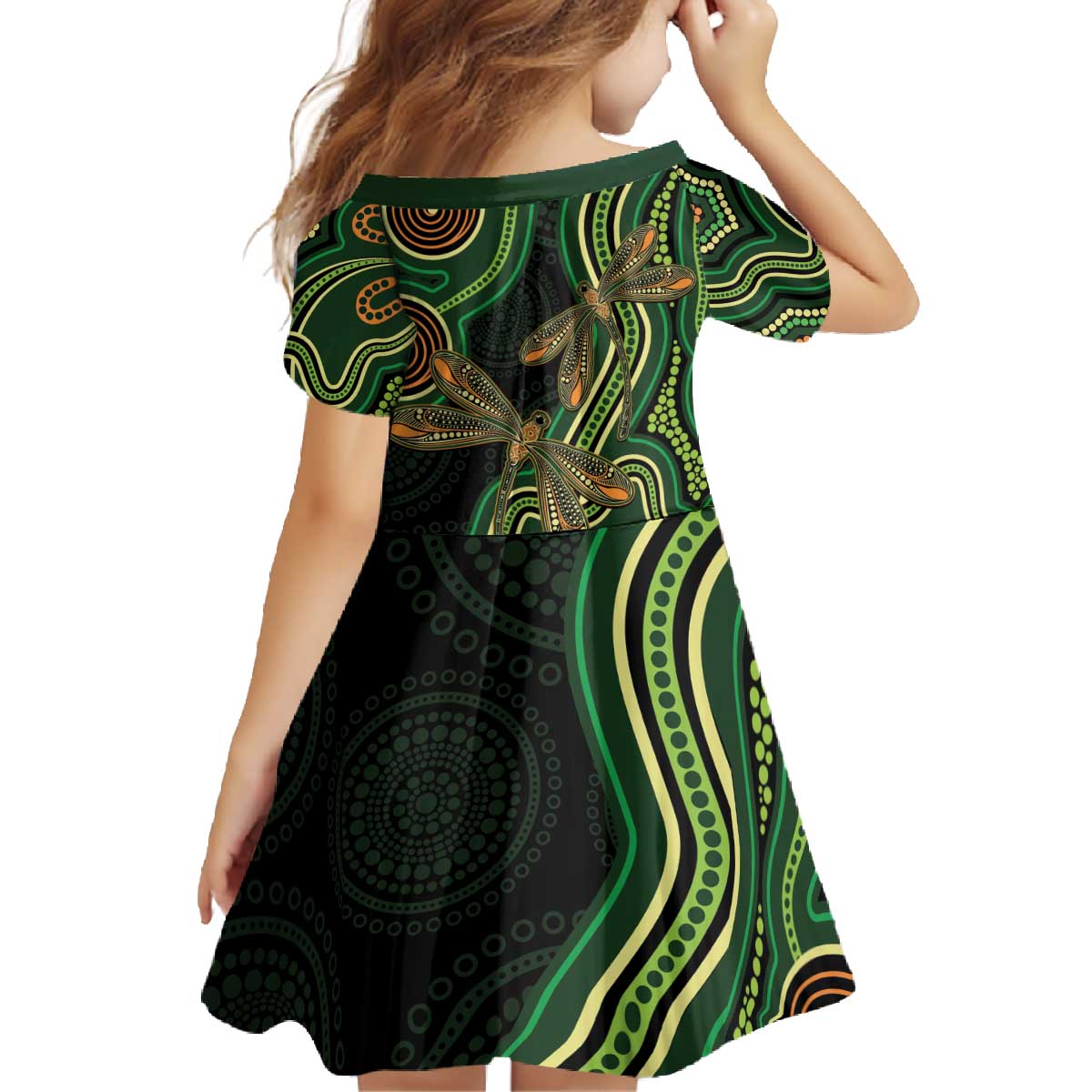 Green Indigenous Dragonfly Australia Family Matching Off The Shoulder Long Sleeve Dress and Hawaiian Shirt Aboriginal Art - Vibe Hoodie