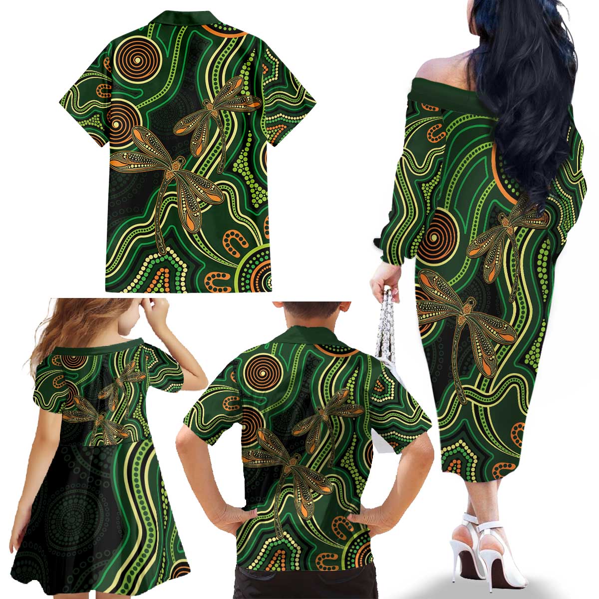 Green Indigenous Dragonfly Australia Family Matching Off The Shoulder Long Sleeve Dress and Hawaiian Shirt Aboriginal Art - Vibe Hoodie