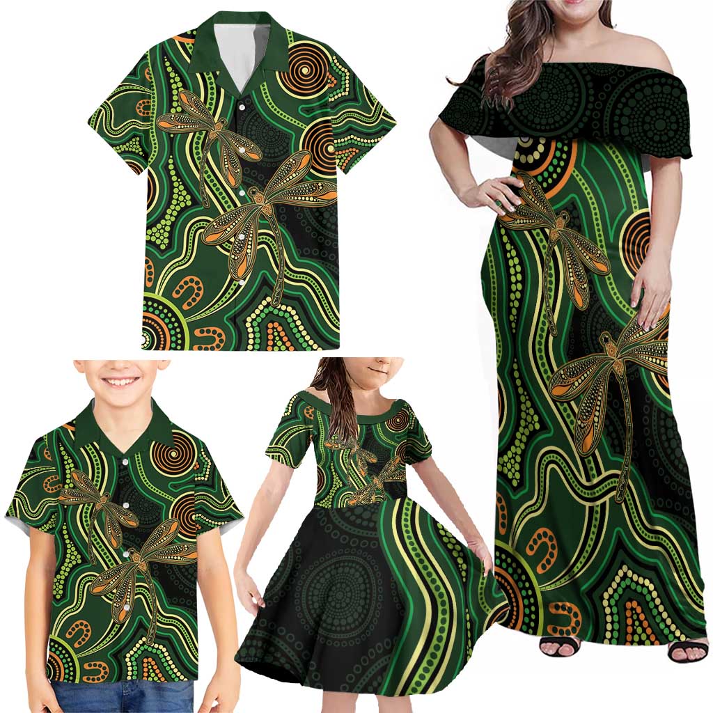 Green Indigenous Dragonfly Australia Family Matching Off Shoulder Maxi Dress and Hawaiian Shirt Aboriginal Art - Vibe Hoodie
