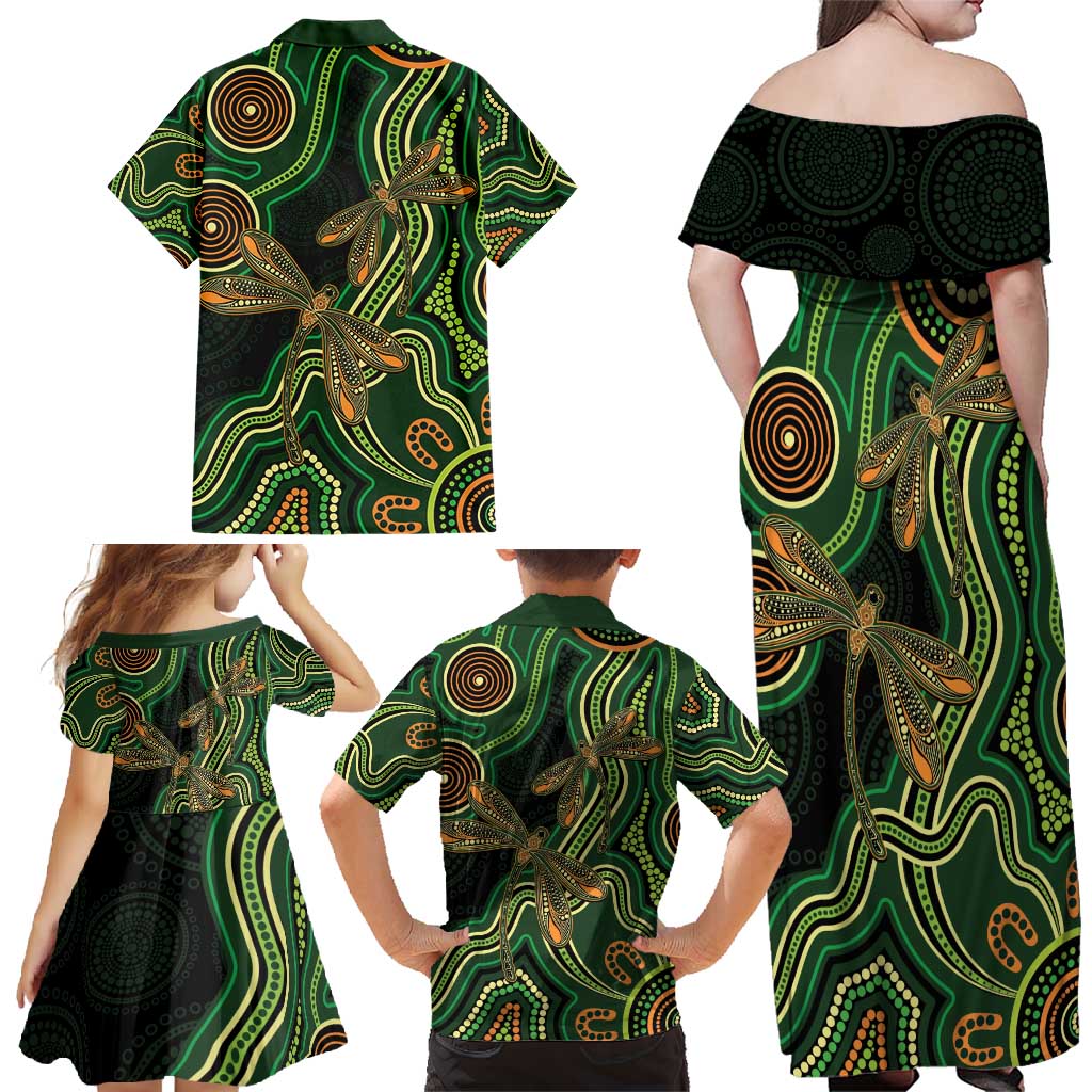 Green Indigenous Dragonfly Australia Family Matching Off Shoulder Maxi Dress and Hawaiian Shirt Aboriginal Art - Vibe Hoodie