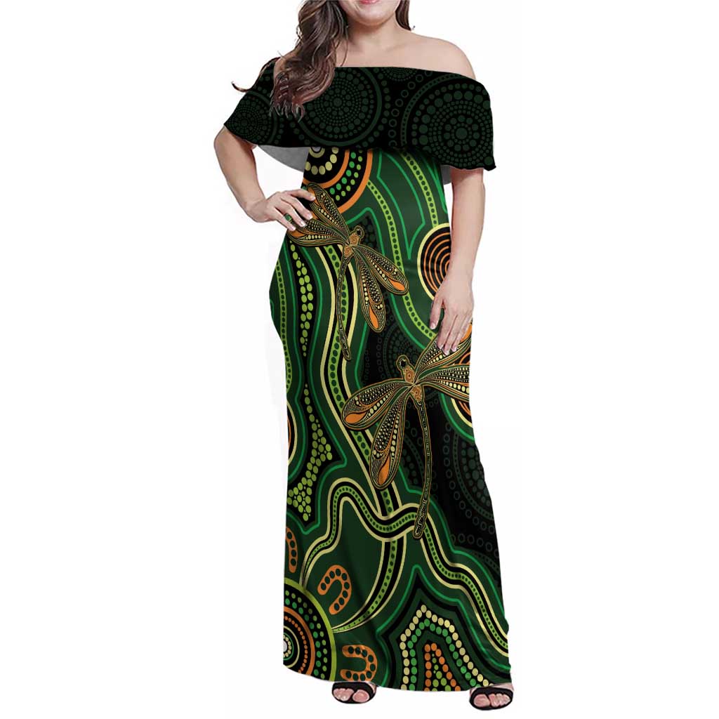 Green Indigenous Dragonfly Australia Family Matching Off Shoulder Maxi Dress and Hawaiian Shirt Aboriginal Art - Vibe Hoodie