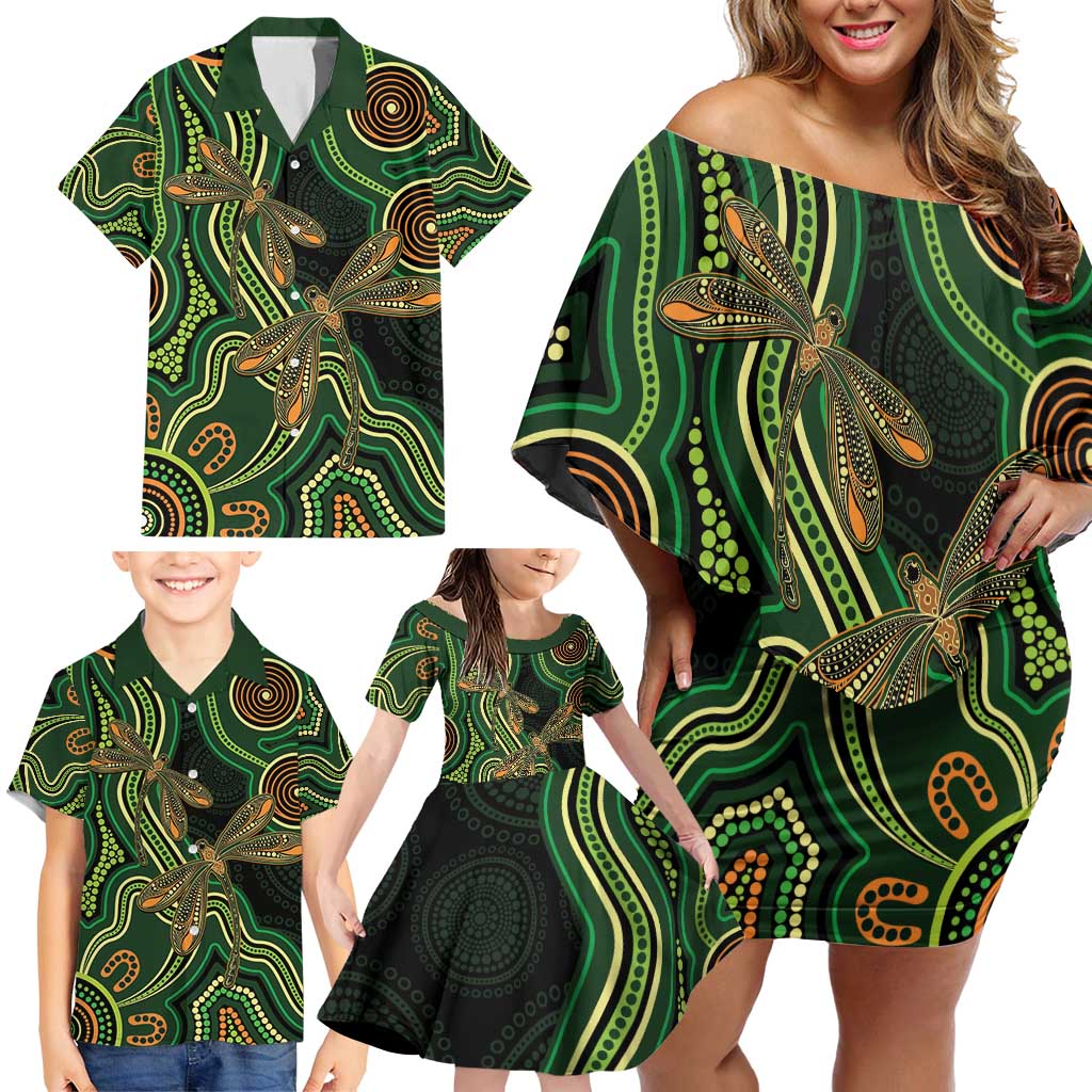 Green Indigenous Dragonfly Australia Family Matching Off Shoulder Short Dress and Hawaiian Shirt Aboriginal Art - Vibe Hoodie