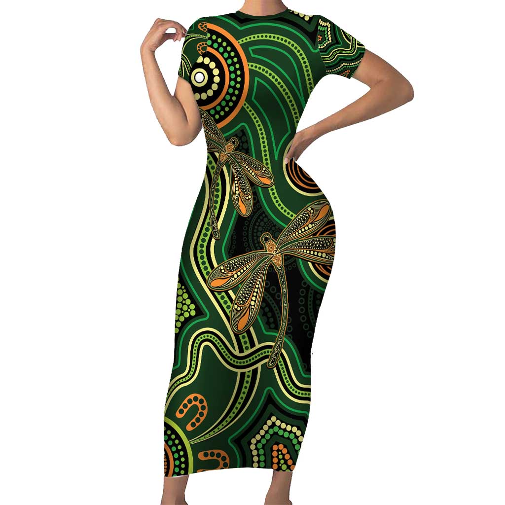 Green Indigenous Dragonfly Australia Family Matching Short Sleeve Bodycon Dress and Hawaiian Shirt Aboriginal Art - Vibe Hoodie