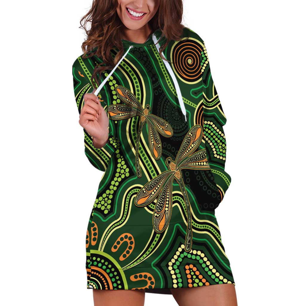 Green Indigenous Dragonfly Australia Hoodie Dress Aboriginal Art - Vibe Hoodie