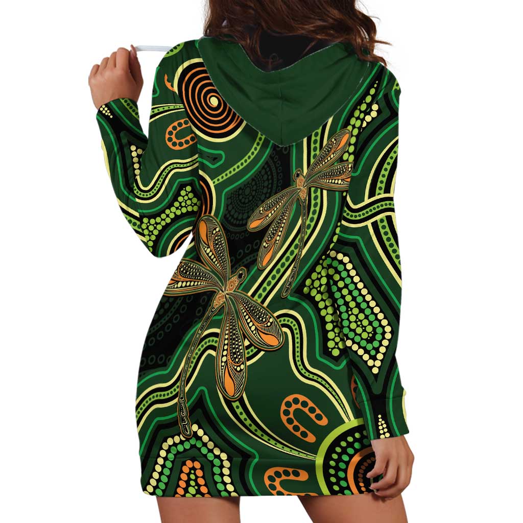 Green Indigenous Dragonfly Australia Hoodie Dress Aboriginal Art - Vibe Hoodie
