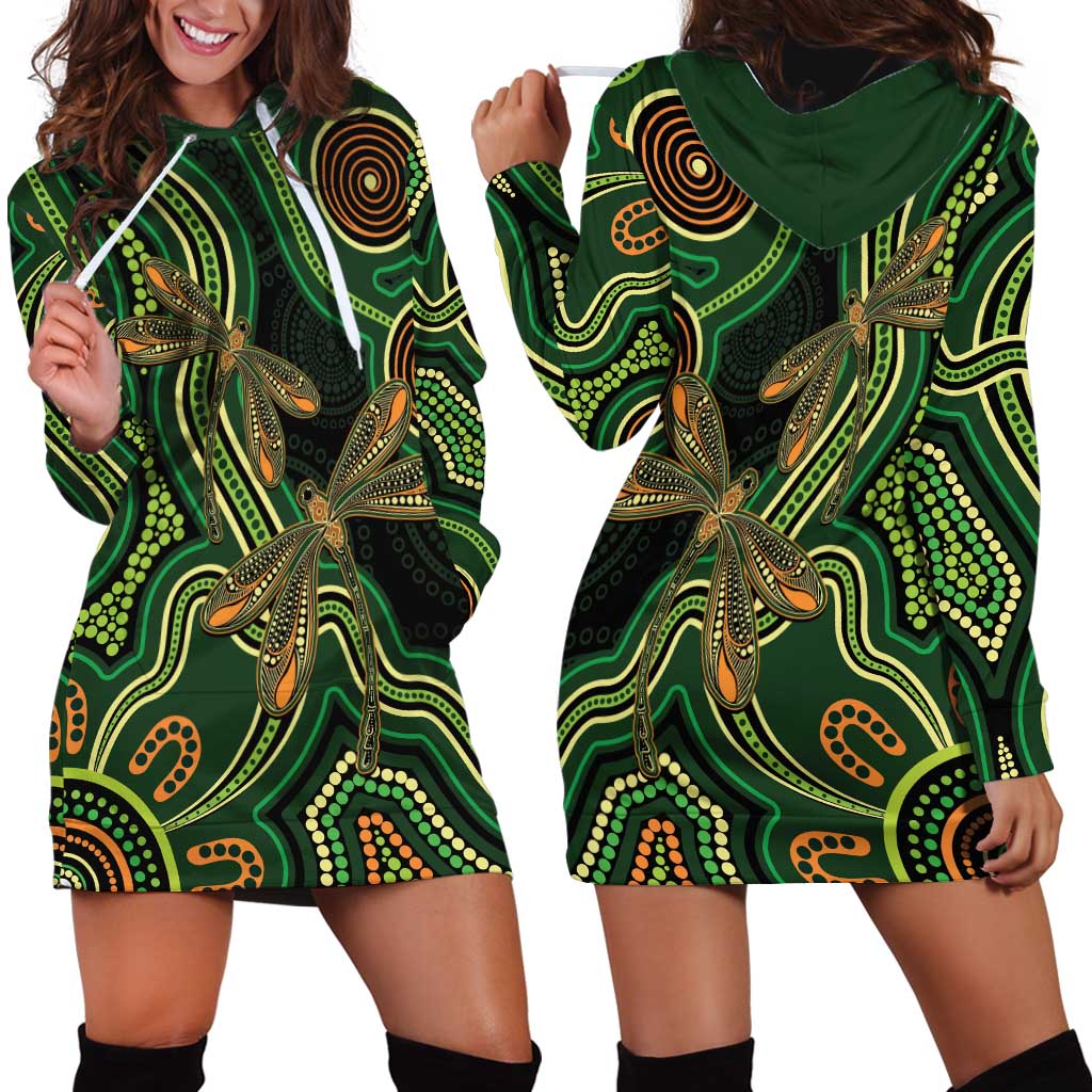 Green Indigenous Dragonfly Australia Hoodie Dress Aboriginal Art - Vibe Hoodie
