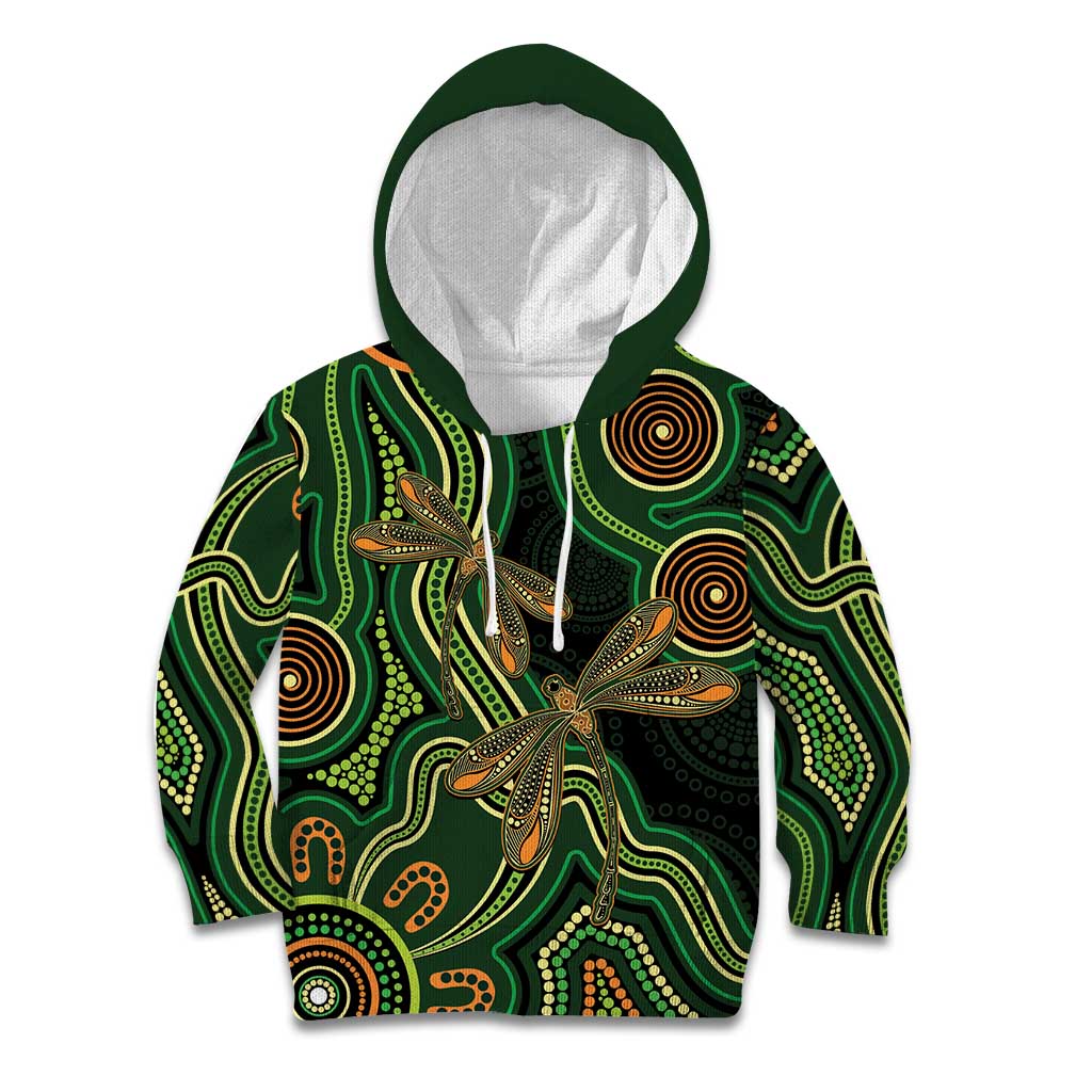 Green Indigenous Dragonfly Australia Kid Hoodie Aboriginal Art - Vibe Hoodie