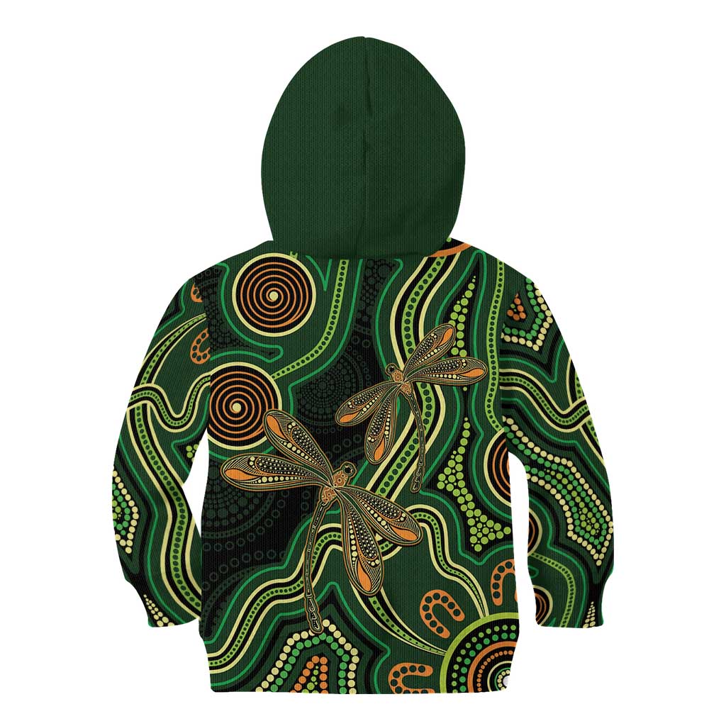 Green Indigenous Dragonfly Australia Kid Hoodie Aboriginal Art - Vibe Hoodie