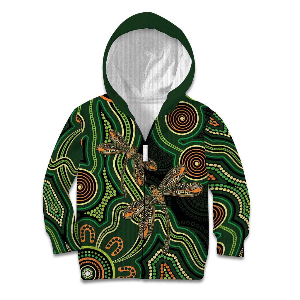Green Indigenous Dragonfly Australia Kid Hoodie Aboriginal Art - Vibe Hoodie