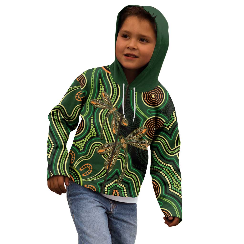 Green Indigenous Dragonfly Australia Kid Hoodie Aboriginal Art - Vibe Hoodie