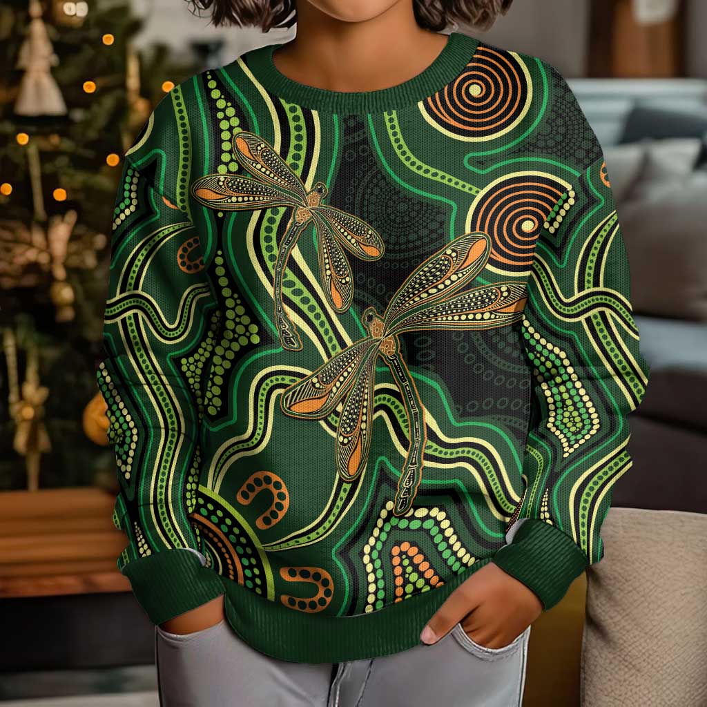Green Indigenous Dragonfly Australia Kid Ugly Christmas Sweater Aboriginal Art - Vibe Hoodie
