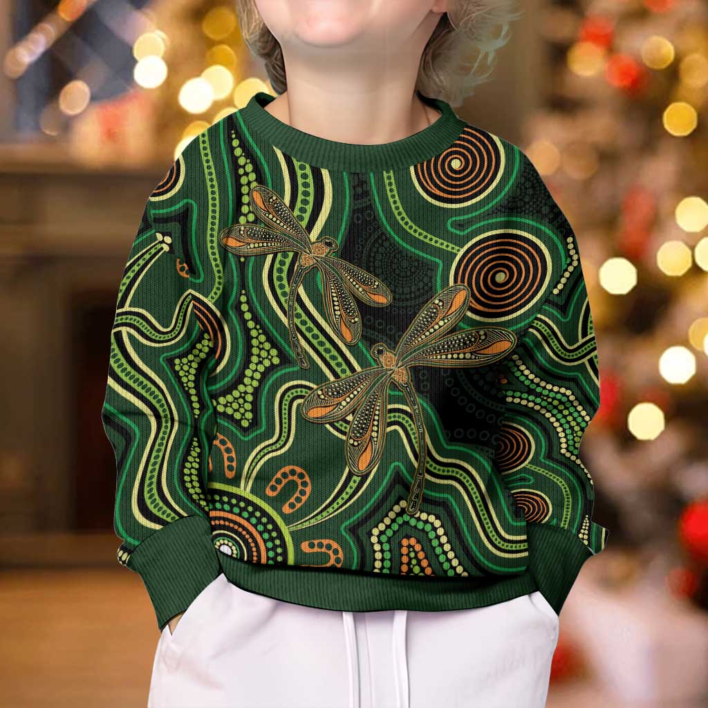 Green Indigenous Dragonfly Australia Kid Ugly Christmas Sweater Aboriginal Art - Vibe Hoodie