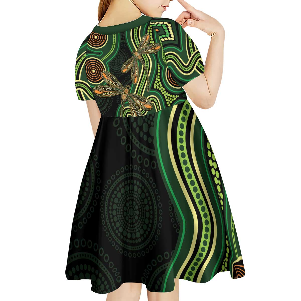 Green Indigenous Dragonfly Australia Kid Short Sleeve Dress Aboriginal Art - Vibe Hoodie