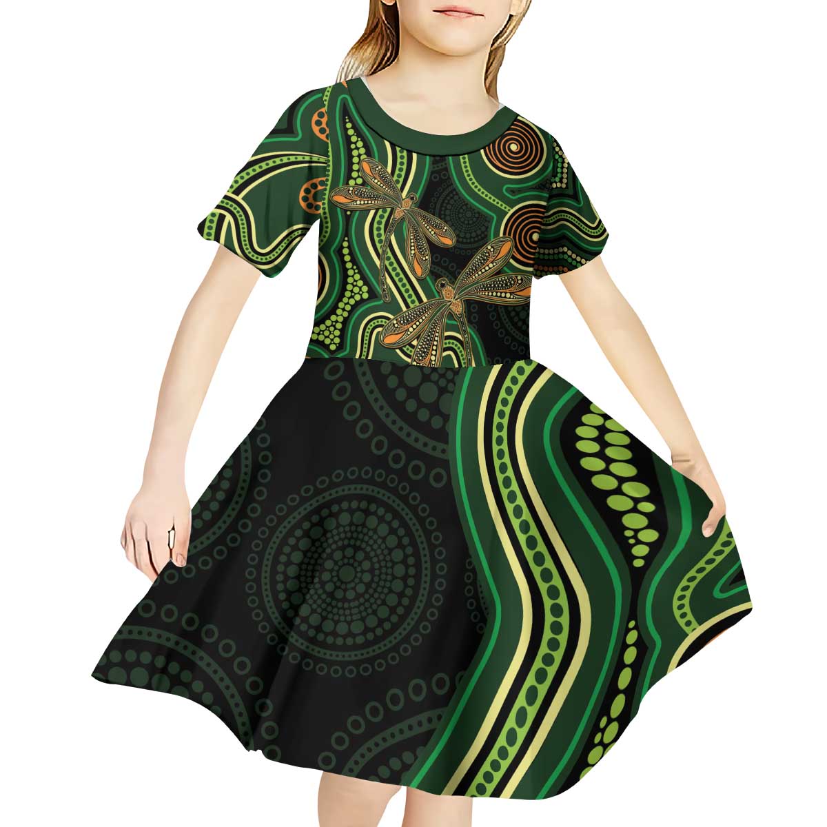 Green Indigenous Dragonfly Australia Kid Short Sleeve Dress Aboriginal Art - Vibe Hoodie