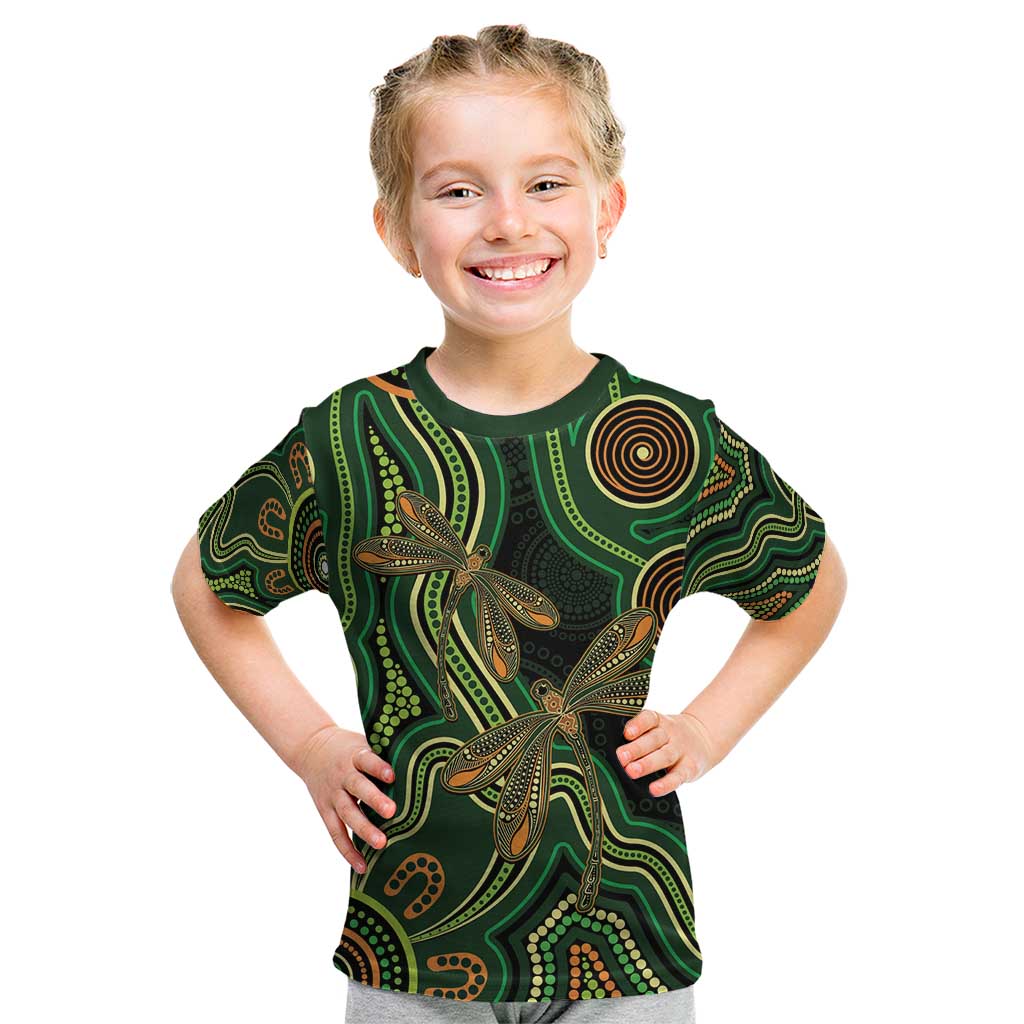 Green Indigenous Dragonfly Australia Kid T Shirt Aboriginal Art - Vibe Hoodie