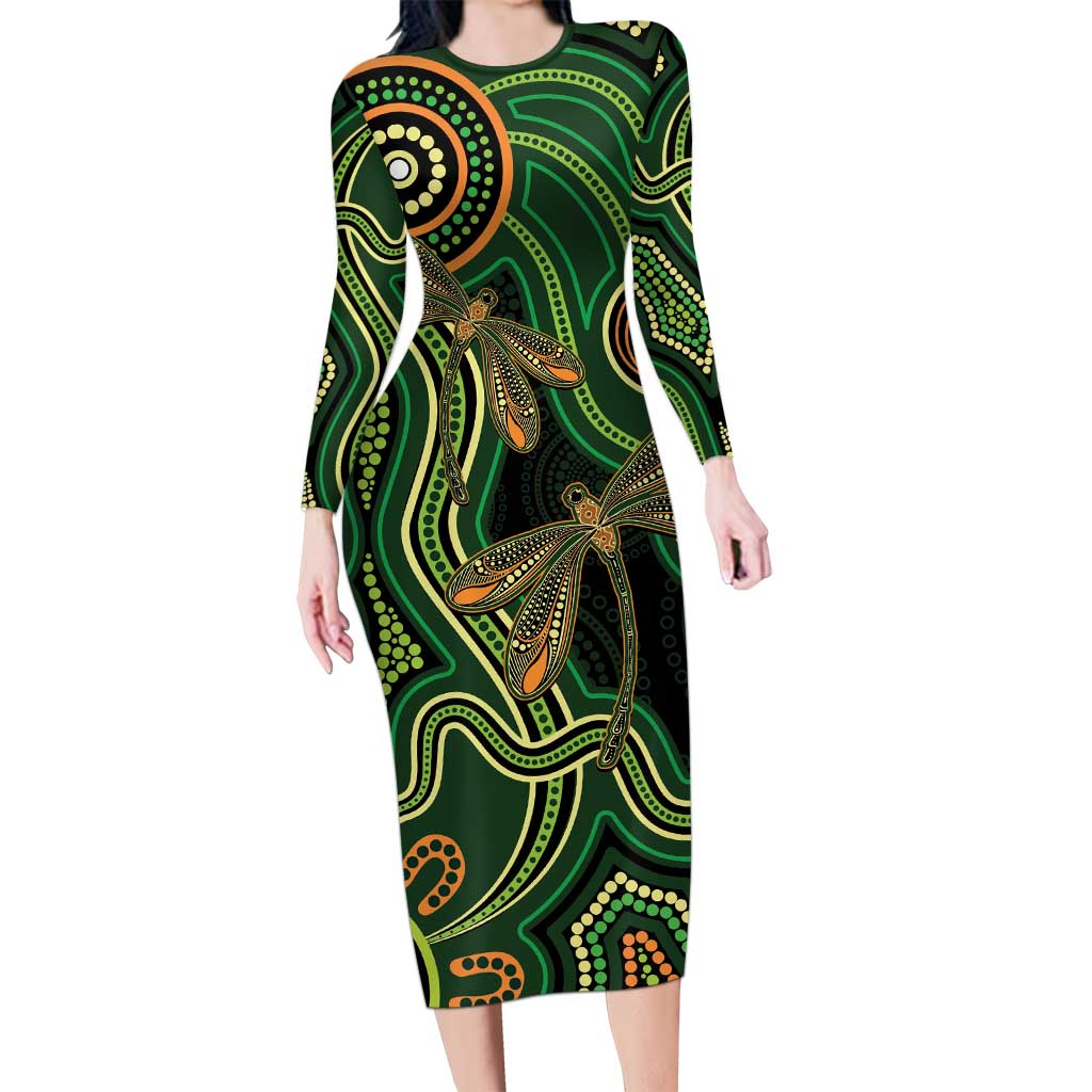 Green Indigenous Dragonfly Australia Long Sleeve Bodycon Dress Aboriginal Art - Vibe Hoodie
