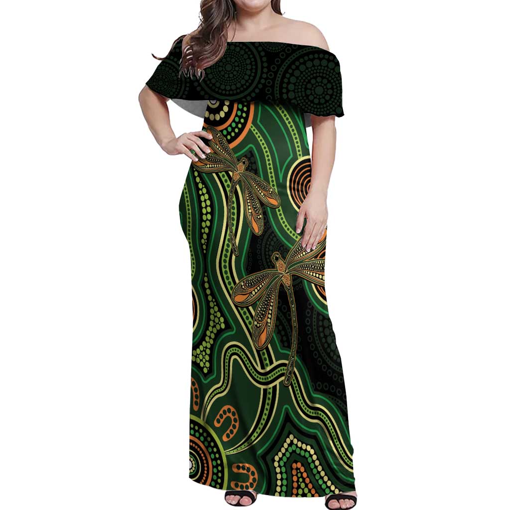 Green Indigenous Dragonfly Australia Off Shoulder Maxi Dress Aboriginal Art - Vibe Hoodie