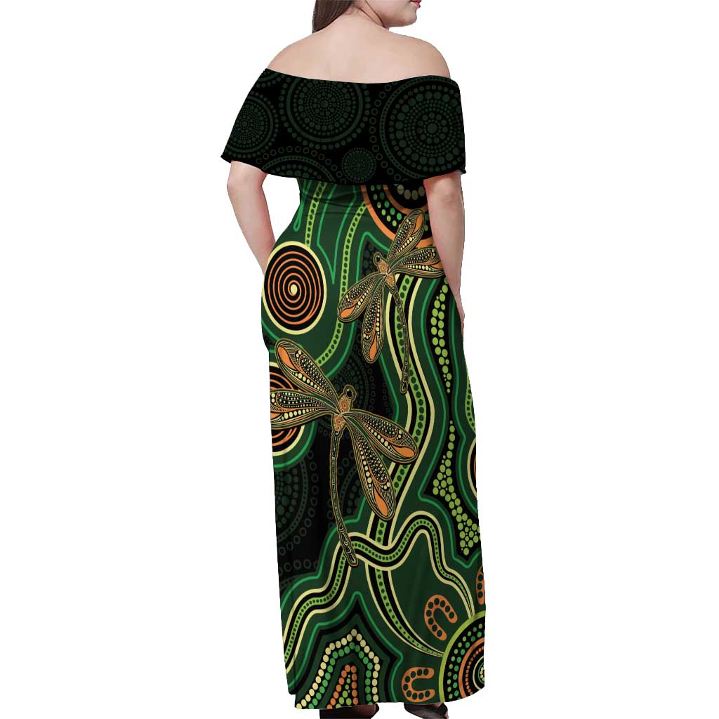 Green Indigenous Dragonfly Australia Off Shoulder Maxi Dress Aboriginal Art - Vibe Hoodie