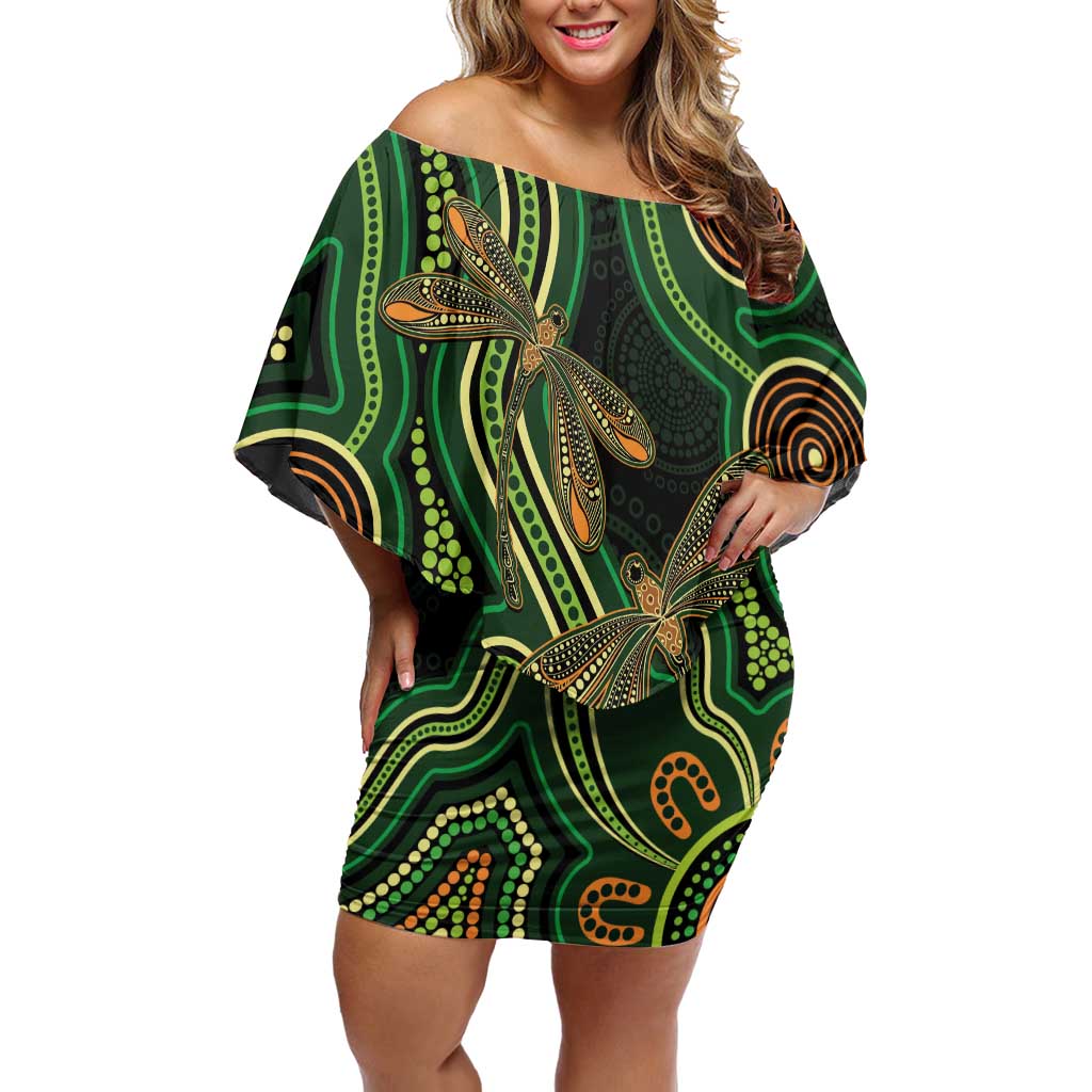 Green Indigenous Dragonfly Australia Off Shoulder Short Dress Aboriginal Art - Vibe Hoodie