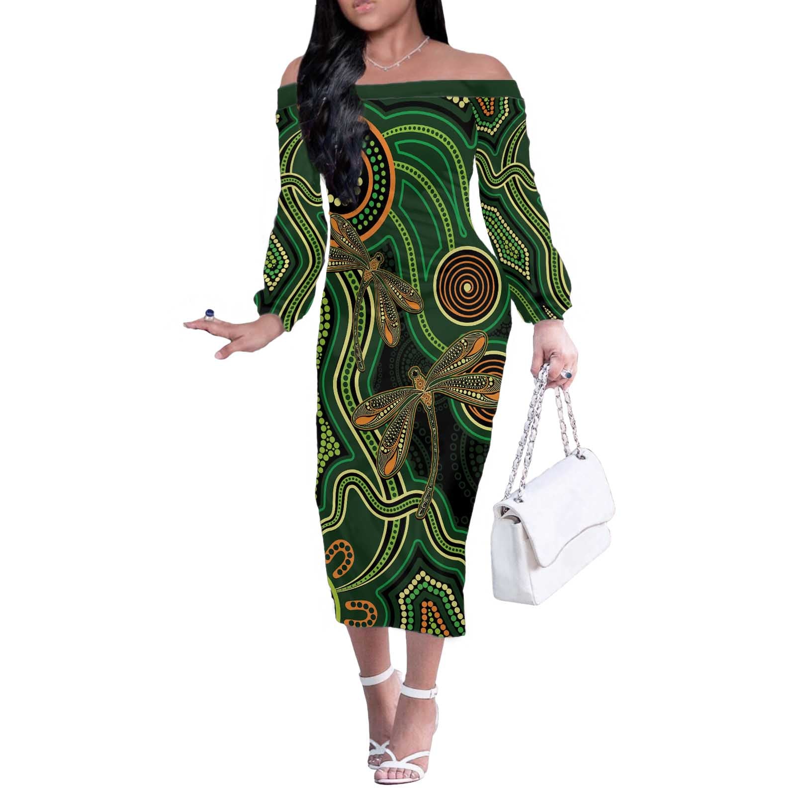 Green Indigenous Dragonfly Australia Off The Shoulder Long Sleeve Dress Aboriginal Art - Vibe Hoodie