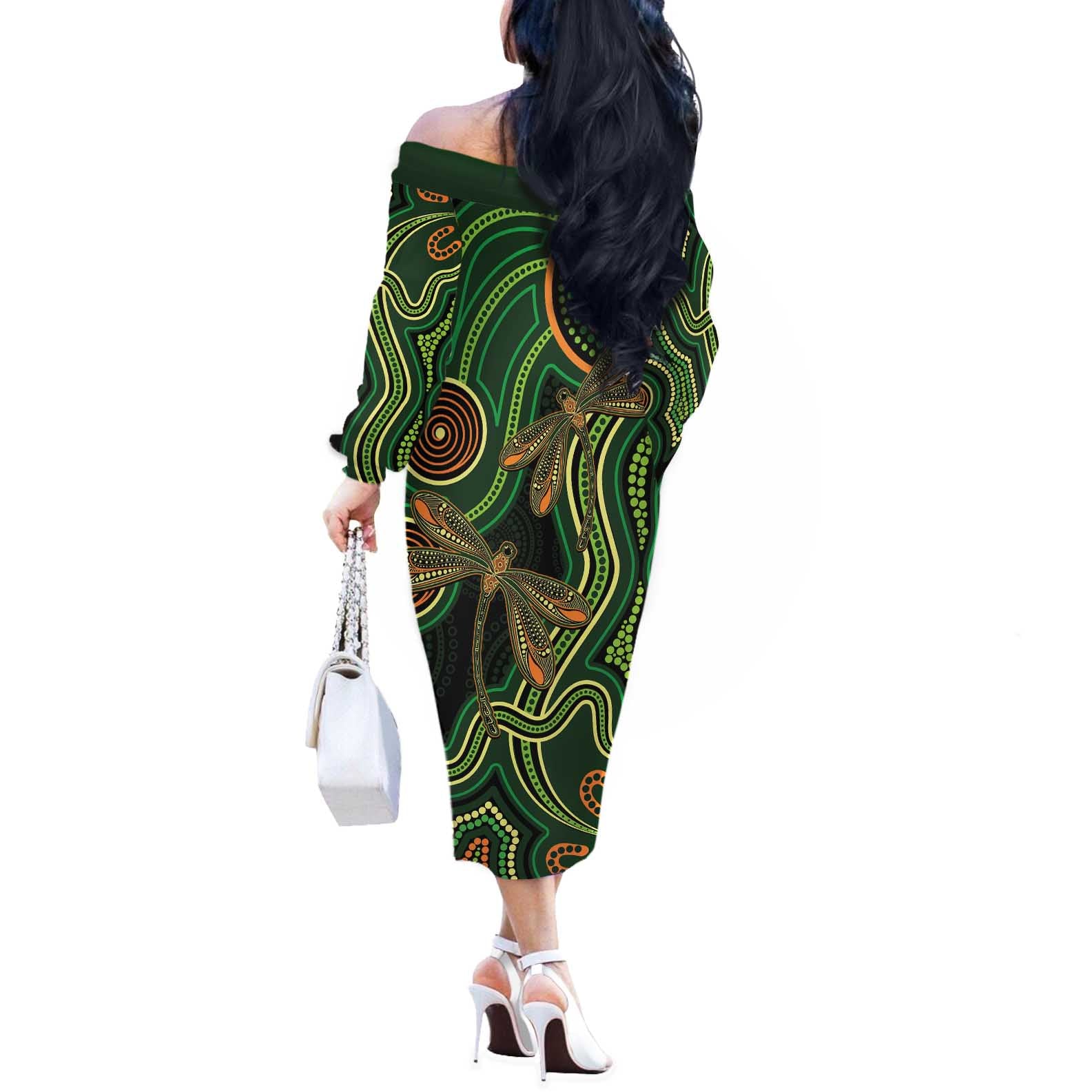 Green Indigenous Dragonfly Australia Off The Shoulder Long Sleeve Dress Aboriginal Art - Vibe Hoodie