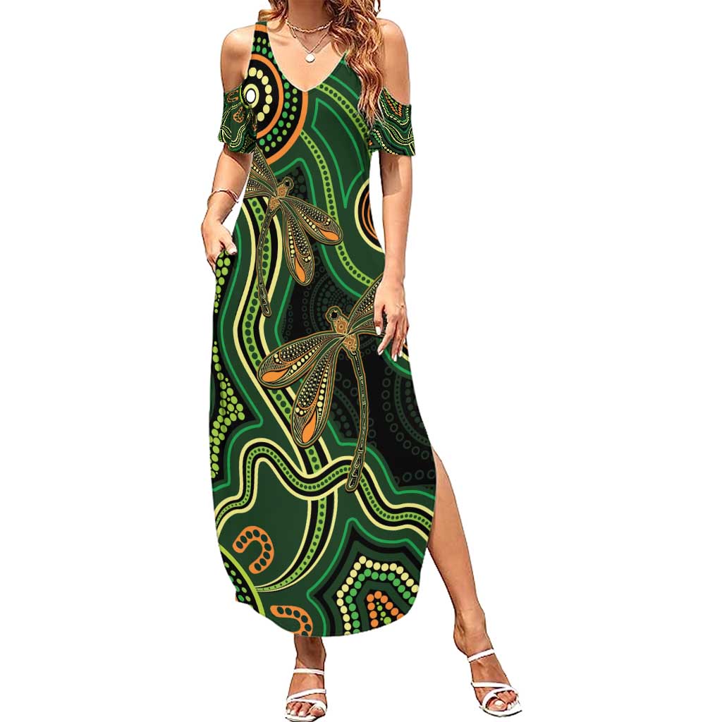 Green Indigenous Dragonfly Australia Summer Maxi Dress Aboriginal Art - Vibe Hoodie