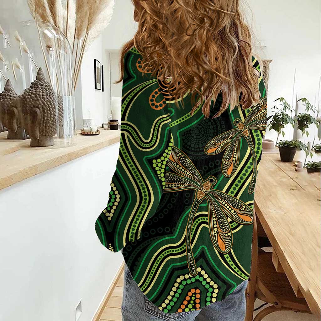 Green Indigenous Dragonfly Australia Women Casual Shirt Aboriginal Art - Vibe Hoodie