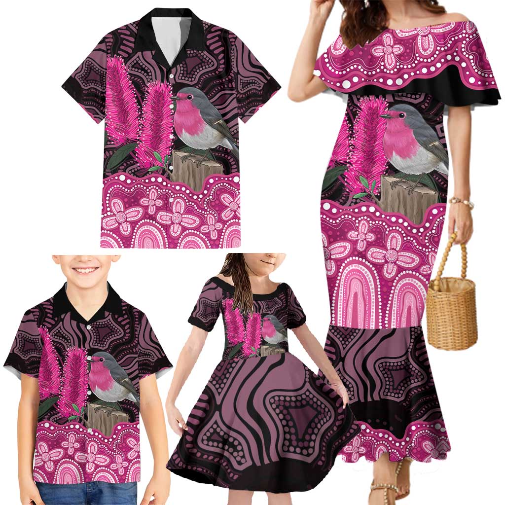 Australia Indigenous Family Matching Mermaid Dress and Hawaiian Shirt Breast Cancer Pink Robin Bottlebrush Aboriginal Art - Vibe Hoodie