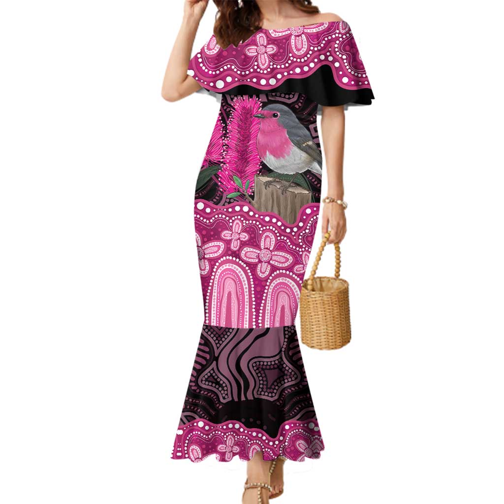 Australia Indigenous Family Matching Mermaid Dress and Hawaiian Shirt Breast Cancer Pink Robin Bottlebrush Aboriginal Art - Vibe Hoodie